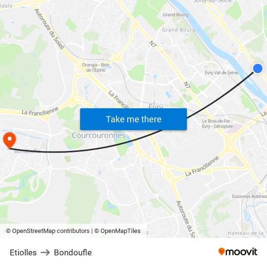 Etiolles to Bondoufle map
