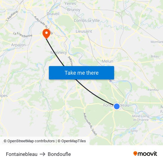 Fontainebleau to Bondoufle map