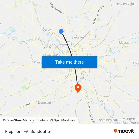 Frepillon to Bondoufle map