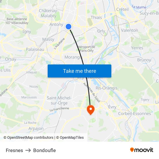 Fresnes to Bondoufle map