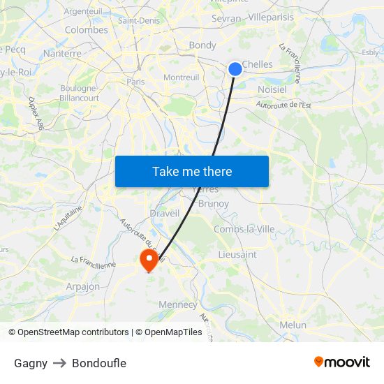 Gagny to Bondoufle map