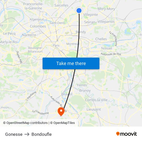 Gonesse to Bondoufle map