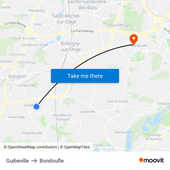 Guibeville to Bondoufle map