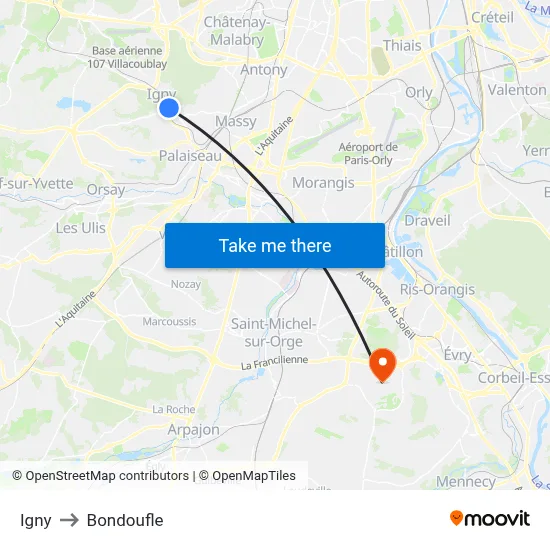Igny to Bondoufle map