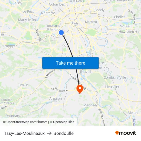 Issy-Les-Moulineaux to Bondoufle map