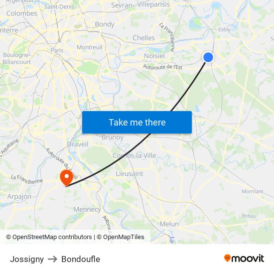 Jossigny to Bondoufle map