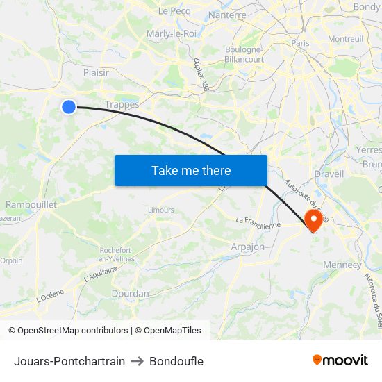 Jouars-Pontchartrain to Bondoufle map