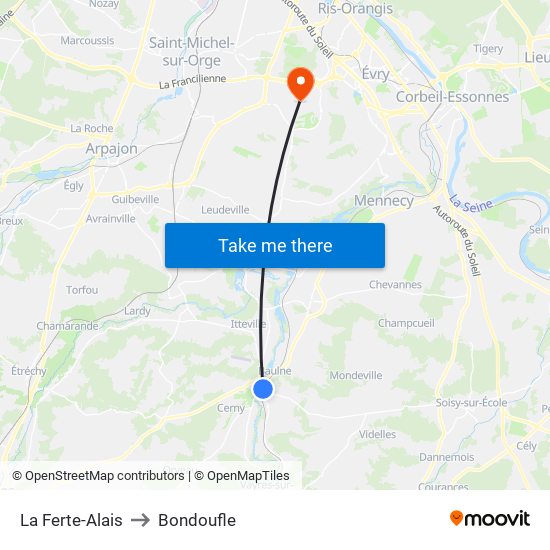 La Ferte-Alais to Bondoufle map