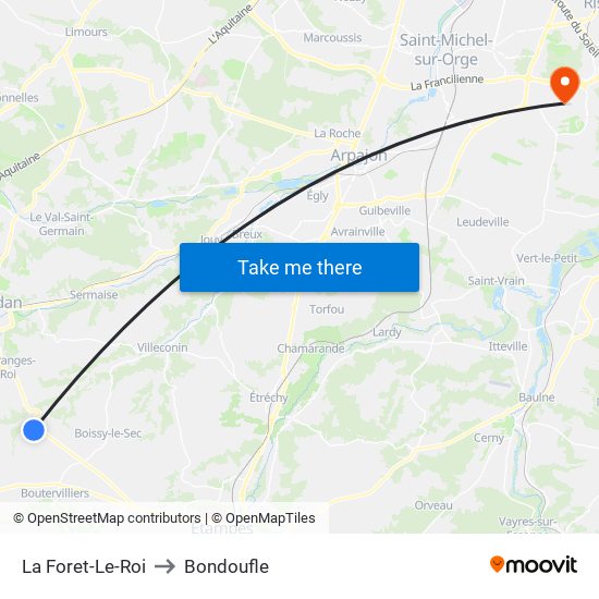 La Foret-Le-Roi to Bondoufle map