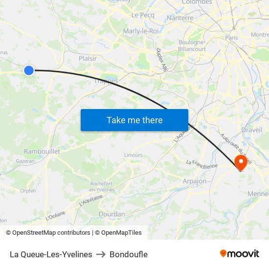 La Queue-Les-Yvelines to Bondoufle map