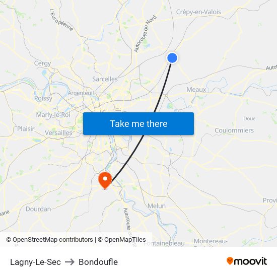 Lagny-Le-Sec to Bondoufle map