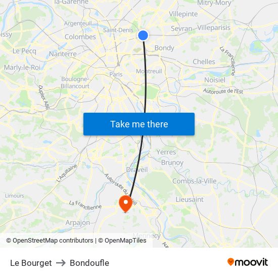 Le Bourget to Bondoufle map