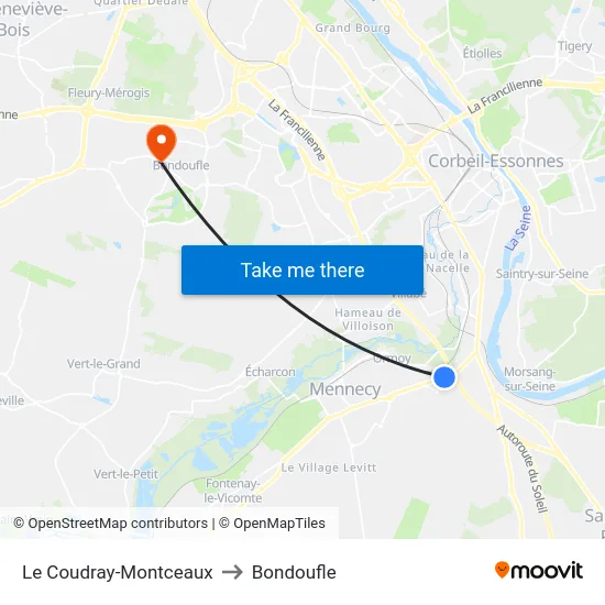 Le Coudray-Montceaux to Bondoufle map