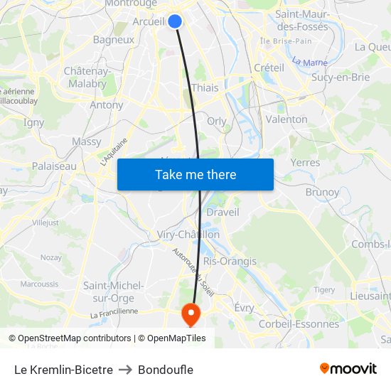 Le Kremlin-Bicetre to Bondoufle map