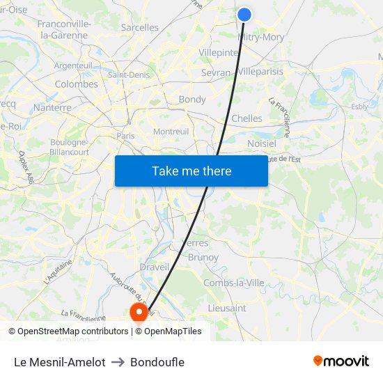 Le Mesnil-Amelot to Bondoufle map