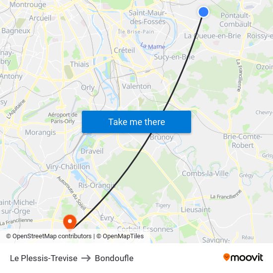 Le Plessis-Trevise to Bondoufle map