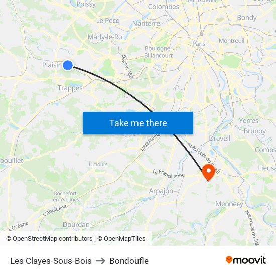 Les Clayes-Sous-Bois to Bondoufle map