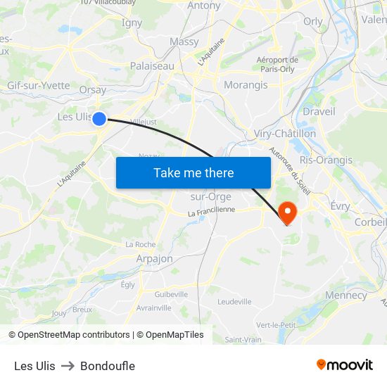 Les Ulis to Bondoufle map