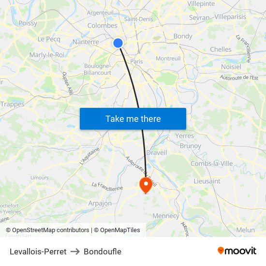 Levallois-Perret to Bondoufle map