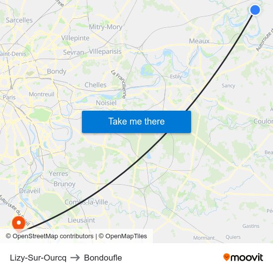 Lizy-Sur-Ourcq to Bondoufle map