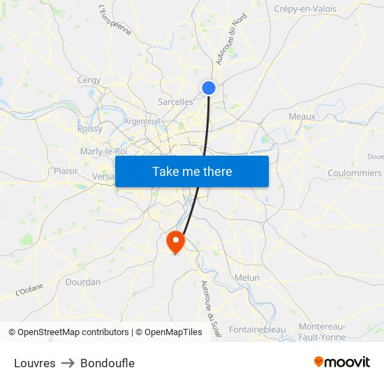 Louvres to Bondoufle map