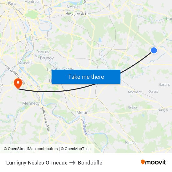 Lumigny-Nesles-Ormeaux to Bondoufle map