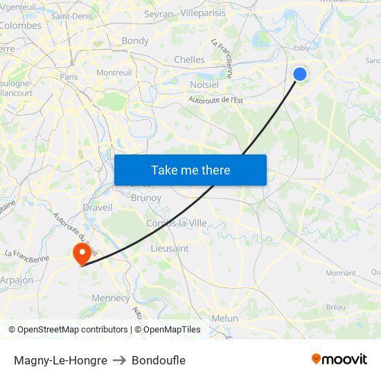 Magny-Le-Hongre to Bondoufle map