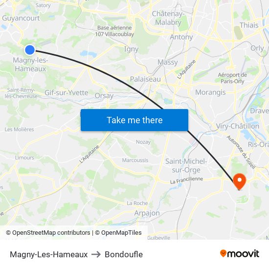 Magny-Les-Hameaux to Bondoufle map