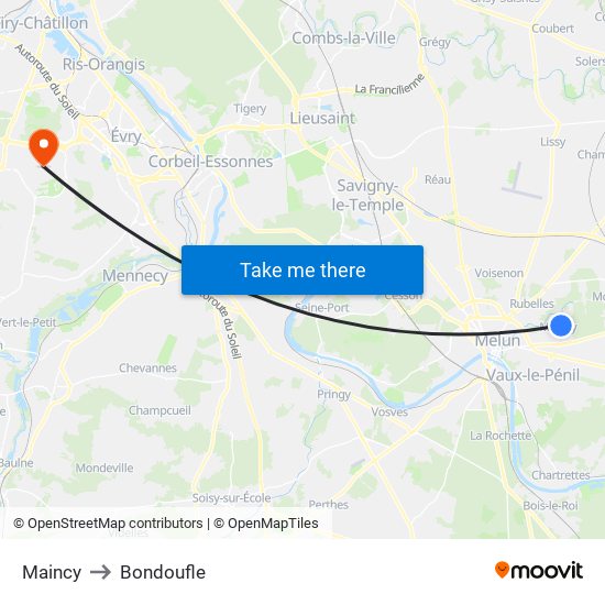 Maincy to Bondoufle map