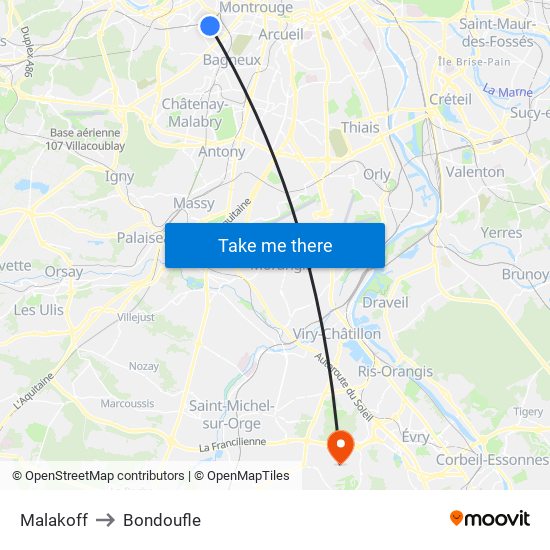 Malakoff to Bondoufle map