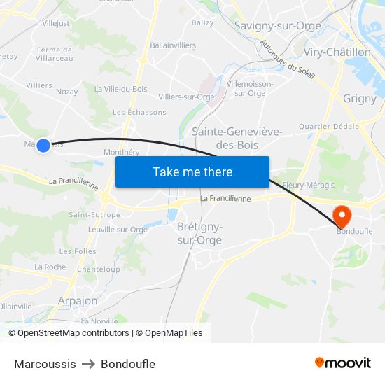 Marcoussis to Bondoufle map