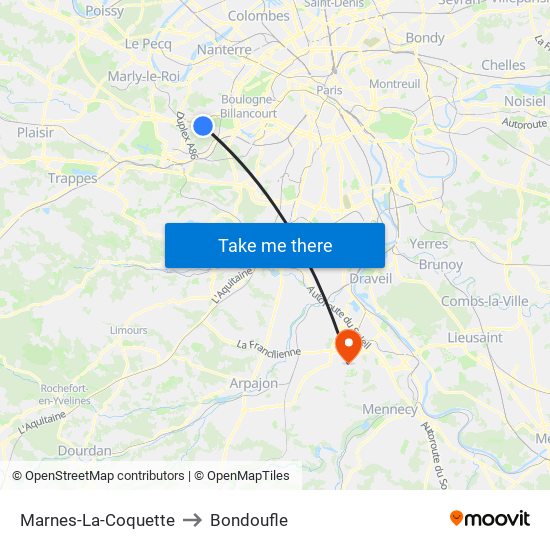 Marnes-La-Coquette to Bondoufle map