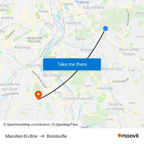 Marolles-En-Brie to Bondoufle map