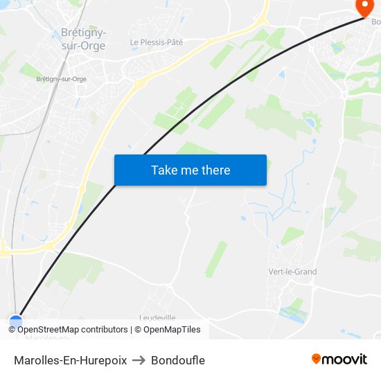Marolles-En-Hurepoix to Bondoufle map