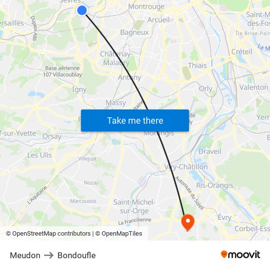 Meudon to Bondoufle map