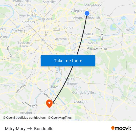 Mitry-Mory to Bondoufle map