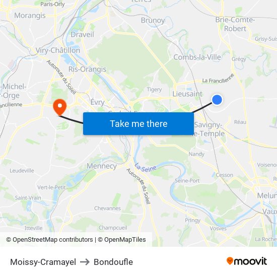 Moissy-Cramayel to Bondoufle map