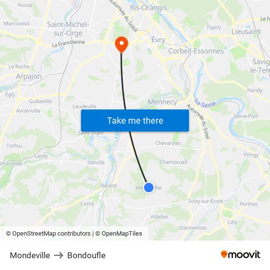 Mondeville to Bondoufle map