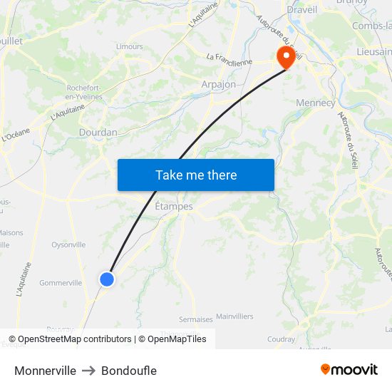 Monnerville to Bondoufle map