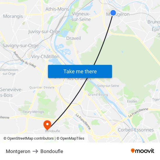 Montgeron to Bondoufle map