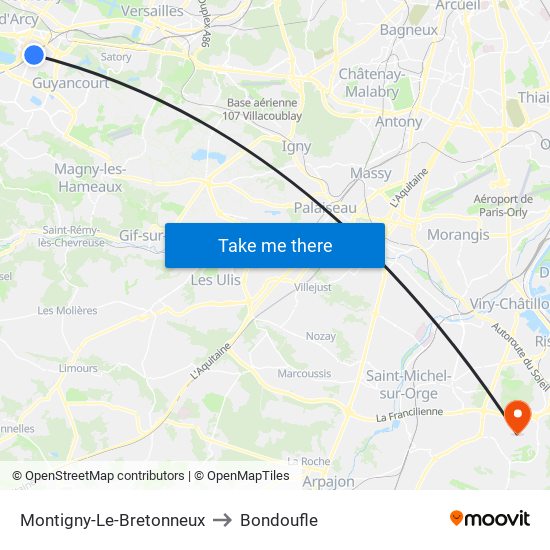 Montigny-Le-Bretonneux to Bondoufle map