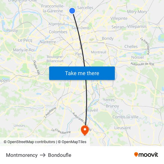 Montmorency to Bondoufle map