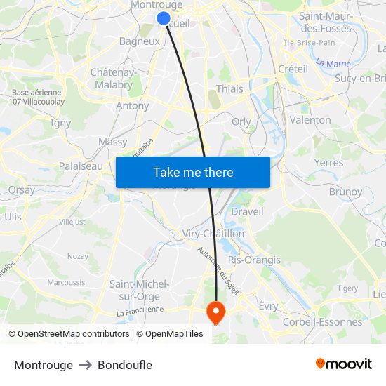 Montrouge to Bondoufle map