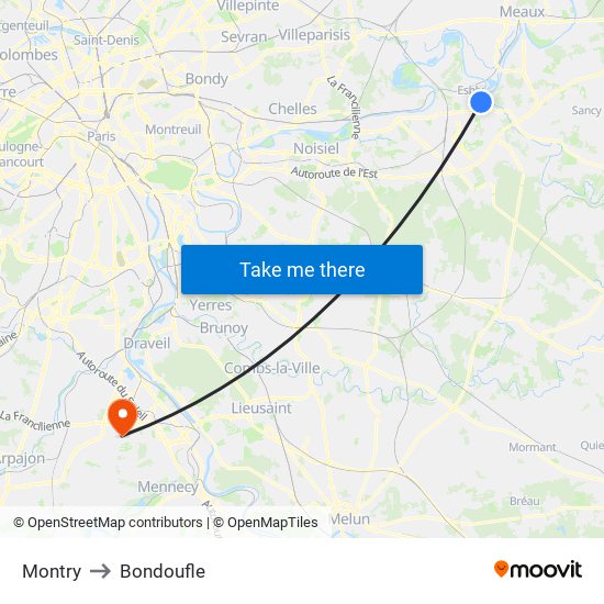 Montry to Bondoufle map