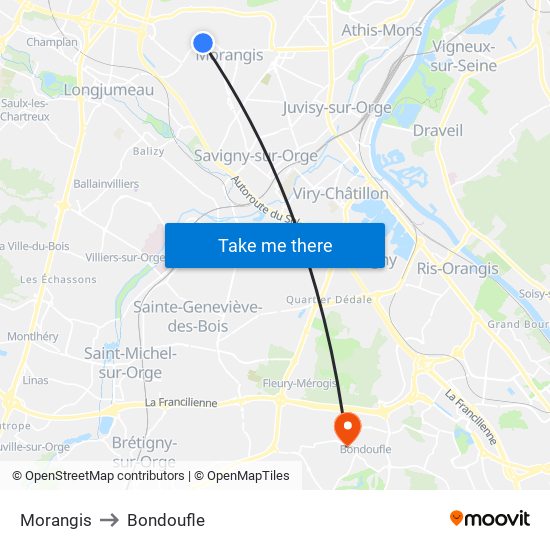 Morangis to Bondoufle map