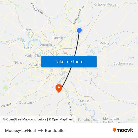 Moussy-Le-Neuf to Bondoufle map