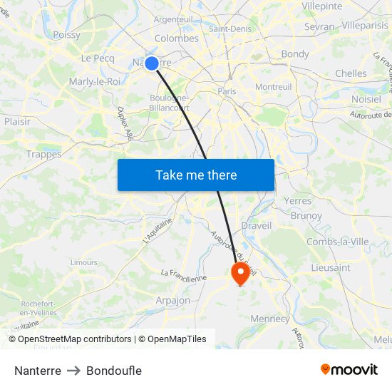 Nanterre to Bondoufle map