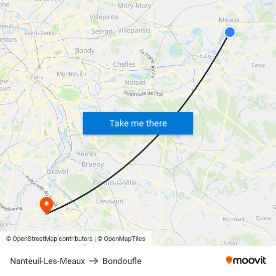 Nanteuil-Les-Meaux to Bondoufle map