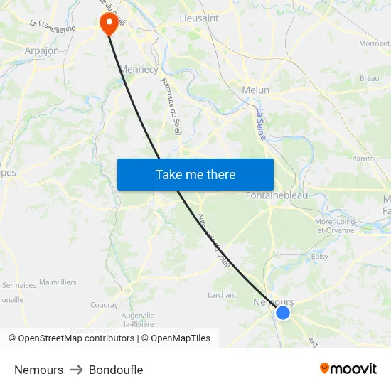 Nemours to Bondoufle map