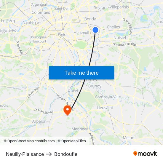 Neuilly-Plaisance to Bondoufle map